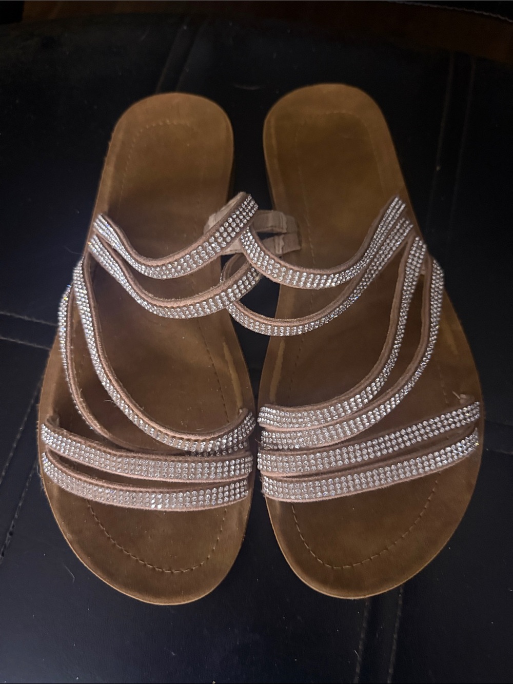 Xappeal Brown Rhinestone Multi-Strap Slide Sandals